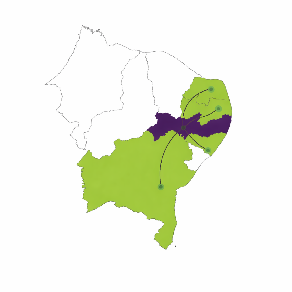 Mapa da distribuição QDelícia no Nordeste: Pernambuco como base e rotas para os estados atendidos